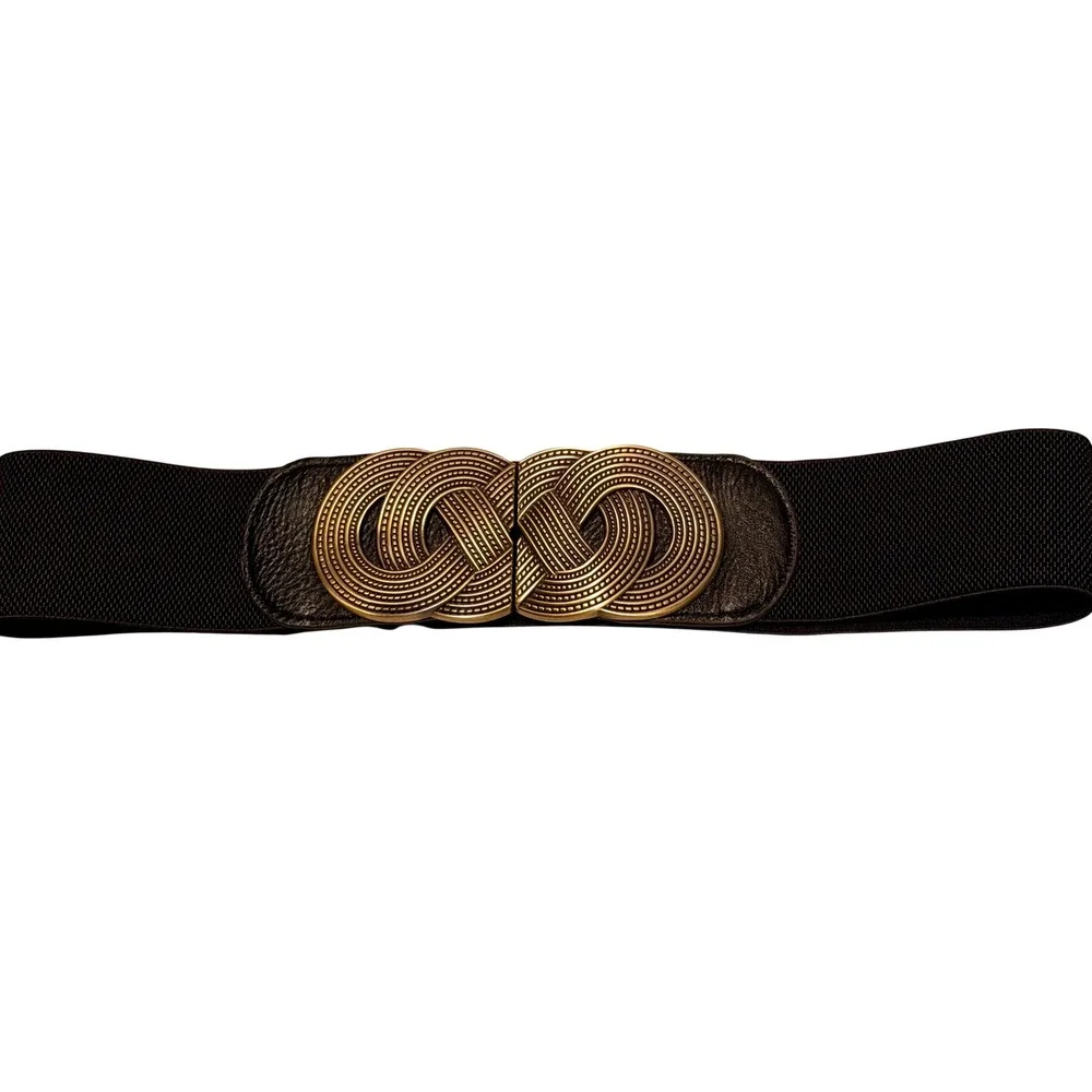 Womens Wide Elastic‎ Cinch Belt Antique Gold Infinity Knot Buckle Brown Boho XL